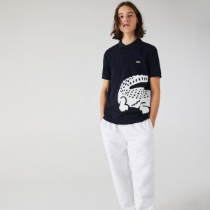 Camisas Lacoste Masculino Azul Marinho Azuis Oversized Crocodile Print Polo WJ6-95629Y6