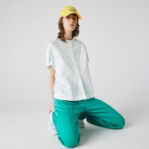 Camisas Lacoste Feminino Branco Verdes Oversized Mao Collar Striped Cotton Poplin Blouse JU1-38603B6