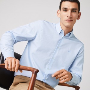 Camisas Lacoste Masculino Branco Azuis Regular Fit Checkered Premium Cotton Poplin QB9-00550O2