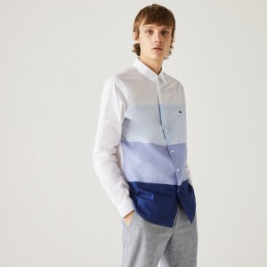 Camisas Lacoste Masculino Azul Marinho Azuis Roxo Luz Azuis Branco Regular Fit Colorblock Cotton QA0-70977G1