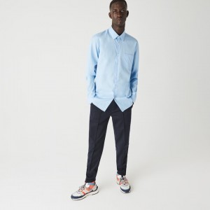 Camisas Lacoste Masculino Azuis Regular Fit Cotton Poplin XT5-84768E9