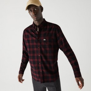 Camisas Lacoste Masculino Pretas Bordeaux Regular Fit Cotton Twill Checkered IS2-84518A9