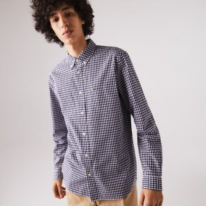 Camisas Lacoste Masculino Branco Azul Marinho Azuis Regular Fit Gingham Cotton Poplin BL2-21692M1
