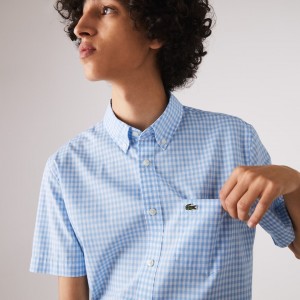 Camisas Lacoste Masculino Branco Azuis Regular Fit Gingham Poplin XC2-00920F3
