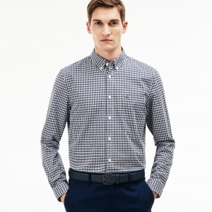 Camisas Lacoste Masculino Azul Marinho Azuis Branco Regular Fit Mini Check Poplin WE2-97339J6