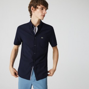 Camisas Lacoste Masculino Azul Marinho Azuis Regular Fit Oxford Cotton GL8-00220X6