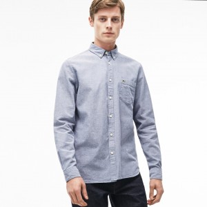 Camisas Lacoste Masculino Azul Marinho Azuis Branco Regular Fit Oxford Cotton YB2-88288V0