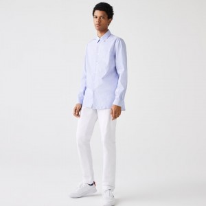 Camisas Lacoste Masculino Branco Azuis Regular Fit Striped Cotton Poplin HU0-69016L9
