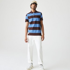 Camisas Lacoste Masculino Marrom Azuis Regular Fit Striped Cotton Piqué Polo HW0-24482C4