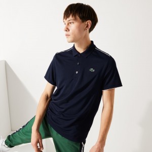 Camisas Lacoste Masculino Azul Marinho Azuis Branco SPORT Contrast Piping Breathable Piqué Polo BG2-18261U8