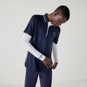 Camisas Lacoste Masculino Azul Marinho Azuis Branco SPORT Signature Breathable Golf Polo NO0-24952O2
