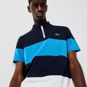Camisas Lacoste Masculino Azul Marinho Azuis Azuis Branco SPORT Striped Stretch Piqué Zip-Up Golf Polo WH9-60276Q6