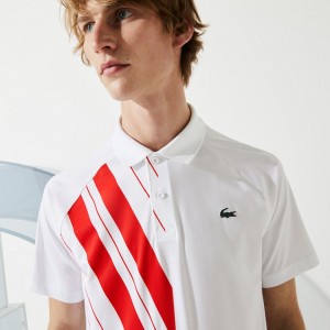 Camisas Lacoste Masculino Branco Vermelhas SPORT x Novak Djokovic Print Stretch Jersey Polo JT3-73527R5