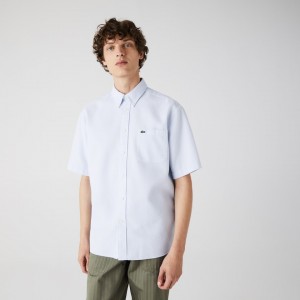 Camisas Lacoste Masculino Luz Azuis Branco Short-Sleeved Lightweight Cotton WJ7-94409R7
