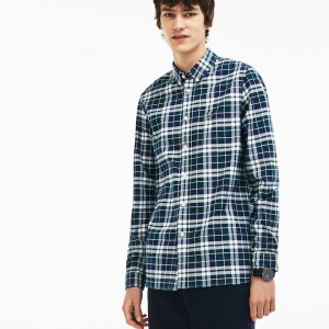 Camisas Lacoste Masculino Verdes Slim Fit Check Stretch Oxford Cotton SU1-38043E6