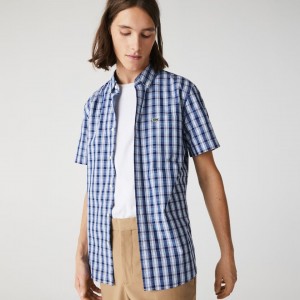 Camisas Lacoste Masculino Azuis Branco Azuis Slim Fit Checked Poplin MT4-66096A8