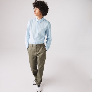 Camisas Lacoste Masculino Azuis Branco Slim Fit Chevron Linen And Cotton BG1-81278E5