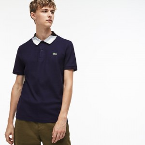 Camisas Lacoste Masculino Azul Marinho Azuis Slim Fit Colourblock Striped Knop Piqué Polo WQ9-94519K1
