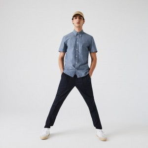 Camisas Lacoste Masculino Azuis Slim Fit Cotton Chambray TI0-60046J2