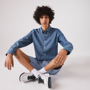 Camisas Lacoste Masculino Azuis Slim Fit Cotton Chambray KT7-32373D7