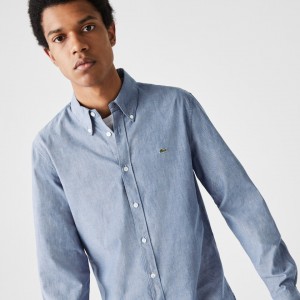 Camisas Lacoste Masculino Azuis Slim Fit Cotton Chambray YA0-20362U5