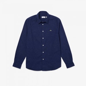 Camisas Lacoste Masculino Azuis Branco Slim Fit Cotton Chambray TV8-37083K5