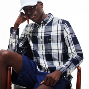 Camisas Lacoste Masculino Azul Marinho Azuis Branco Slim Fit Cotton Poplin GZ1-38063B2
