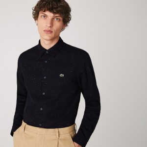Camisas Lacoste Masculino Azul Marinho Azuis Branco Slim Fit Flamed Cotton TK8-15351B7