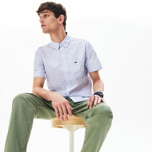 Camisas Lacoste Masculino Branco Luz Azuis Slim Fit Short-Sleeve Wool ZQ6-02500X4