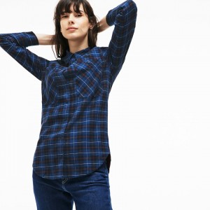 Camisas Lacoste Feminino Azul Marinho Azuis Azuis Slim Fit Stretch Check Cotton Canvas PF4-91789U0