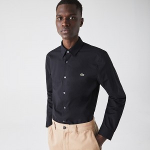 Camisas Lacoste Masculino Pretas Slim Fit Stretch Cotton Poplin LG1-51495X6