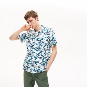 Camisas Lacoste Masculino Azuis Luz Rosa Branco Southern France Print Cotton Hawaiian Fit DF5-98599M3