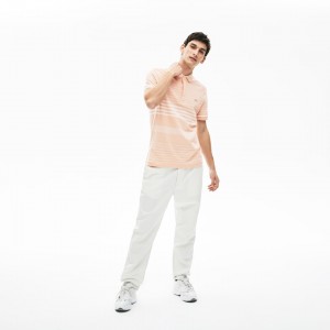 Camisas Lacoste Masculino Luz Rosa Branco Striped Linen And Cotton Regular Fit Polo SC9-04510A9