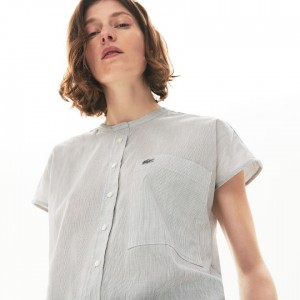 Camisas Lacoste Feminino Branco Azul Marinho Azuis Striped Linen And Cotton Blend IJ7-79267R6