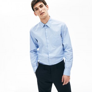 Camisas Lacoste Masculino Luz Azuis Branco Textured Cotton BY6-45024S2