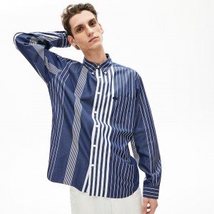 Camisas Lacoste Masculino Azul Marinho Azuis Branco Variegated-Stripe Relaxed Cotton EX9-79047M8