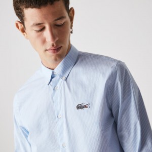 Camisas Lacoste Masculino Azuis Branco x National Geographic Regular Fit Striped Cotton GF2-91319X3