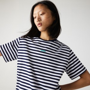 Camiseta Lacoste Feminino Azul Marinho Azuis Branco Crew Neck Branded Striped Cotton CV1-68026Q0