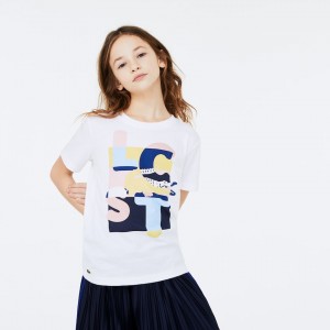 Camiseta Lacoste Criança Branco Crew Neck Print Cotton WN4-61866Q5