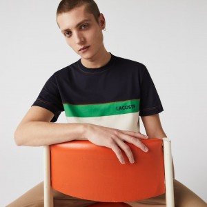 Camiseta Lacoste Masculino Azul Marinho Azuis Bege Verdes Crewneck Colorblock Cotton TF9-61896C7