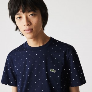 Camiseta Lacoste Masculino Azul Marinho Azuis Crewneck Polka Dotted Cotton GC3-46214B9