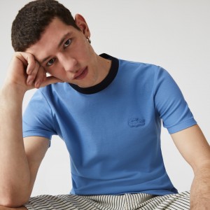 Camiseta Lacoste Masculino Azuis Azul Marinho Azuis Crewneck Relaxed Fit Textured Cotton GP5-84588X9