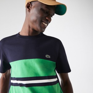 Camiseta Lacoste Masculino Azul Marinho Azuis Verdes Bege Crewneck Striped Cotton DH0-27582O8