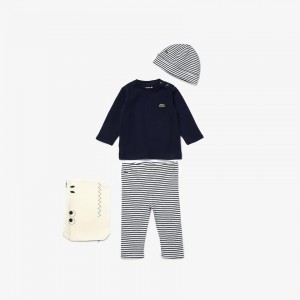 Camiseta Lacoste Criança Pretas Branco Croc Pouch Ribbed Cotton Pajama Set CH8-93819O0