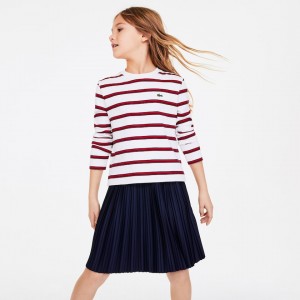 Camiseta Lacoste Criança Branco Vermelhas Azul Marinho Azuis Print Thick Cotton Nautical Top QX9-81758I6
