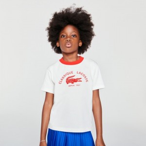 Camiseta Lacoste Criança Branco Vermelhas Ringer Crewneck Lightweight Printed Cotton NG8-73747F2