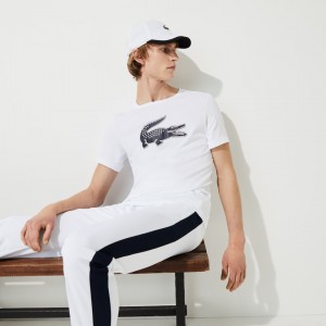 Camiseta Lacoste Masculino Branco Azul Marinho Azuis SPORT 3D Print Crocodile Breathable Jersey UE0-41994I9