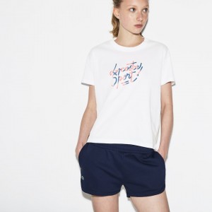 Camiseta Lacoste Feminino Branco Vermelhas Rosa Azuis SPORT Crew Neck Shaded Design Tennis YJ8-38723K4