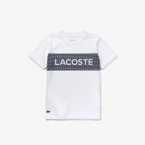 Camiseta Lacoste Criança Branco Azul Marinho Azuis SPORT Lettering Cotton Jersey XU3-45364N2