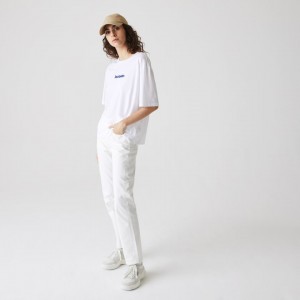 Camiseta Lacoste Feminino Branco Azul Marinho Azuis Signature Printed Crew Neck Cotton FY6-19431R0